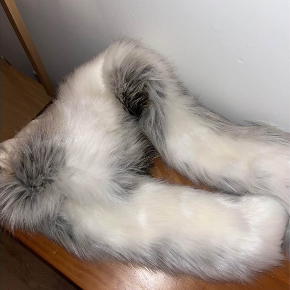 Luxurious White and Gray Faux Fur Scarf